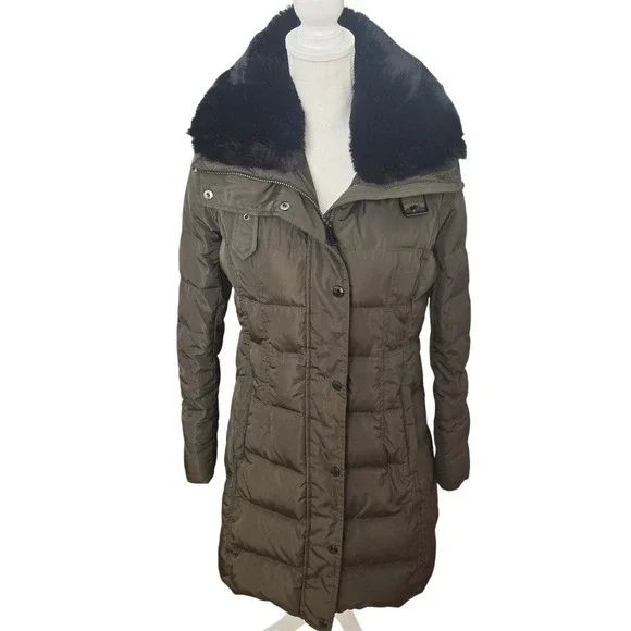 Michael Kors Women's Hooded Puffer Coat Faux Fur Down Fill Olive Green Small - Picture 2 of 8